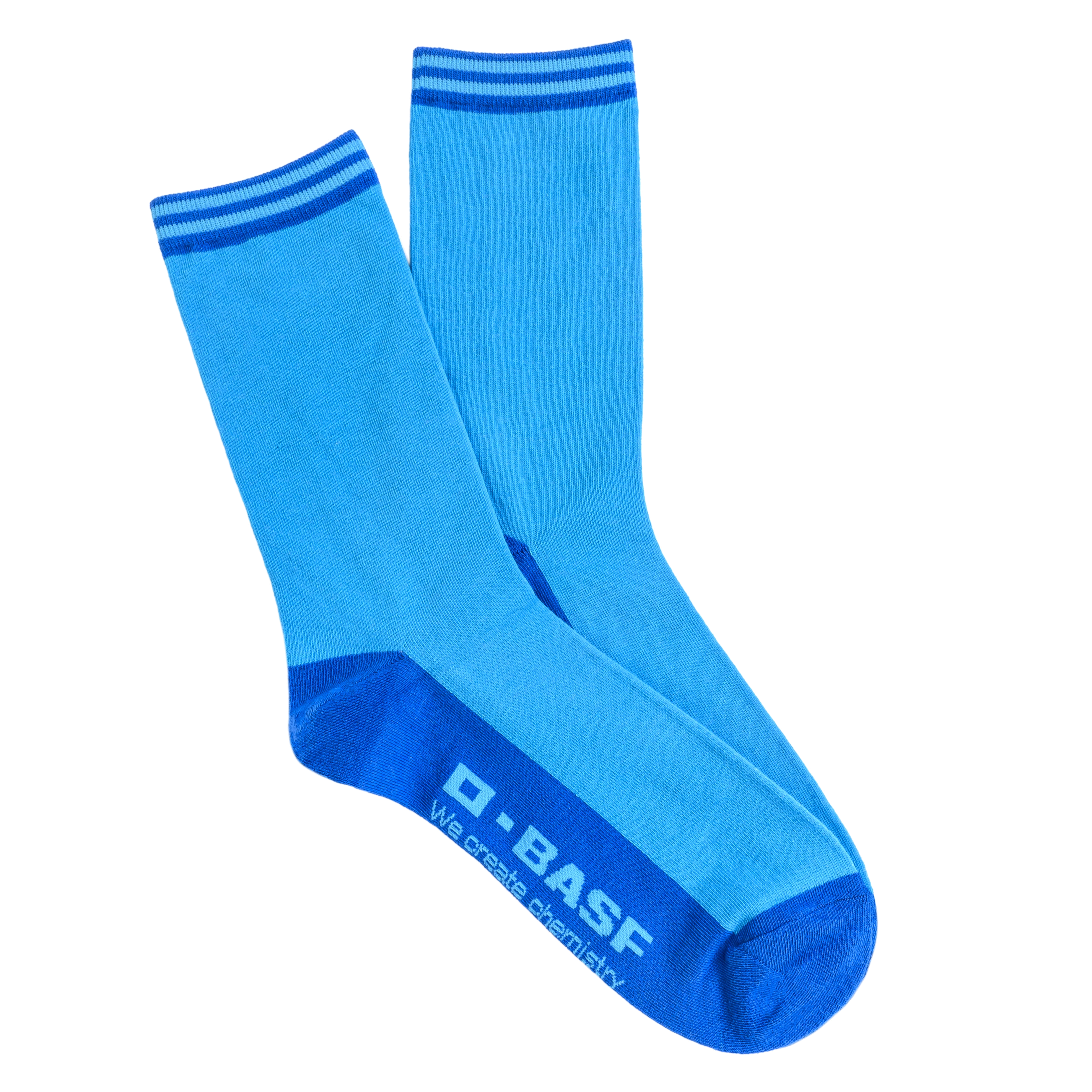 A pair of light blue socks with dark blue heels, toes, and cuffs with the BASF logo.