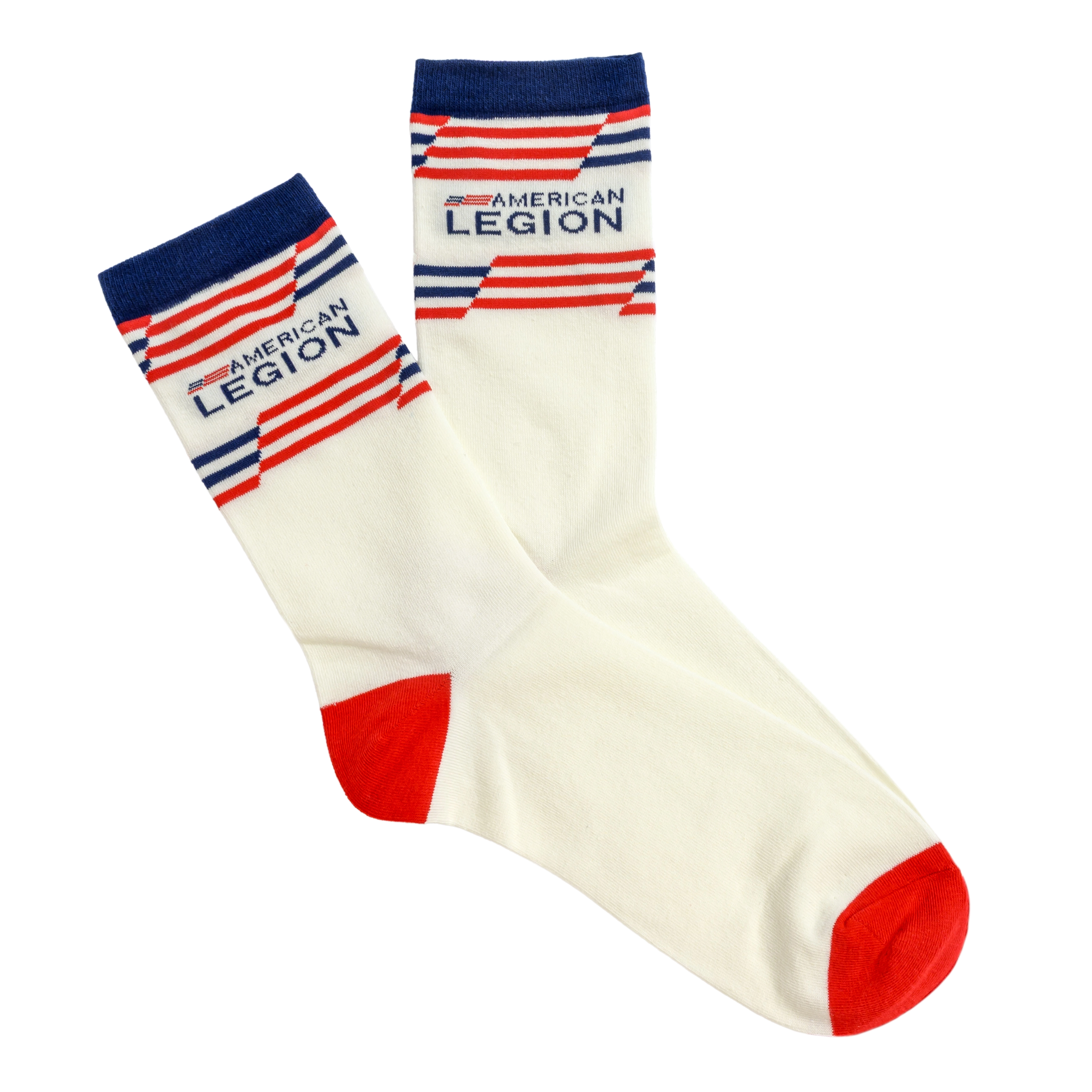 A pair of white socks with red toes and heels, and 'AMERICAN LEGION' on the blue and red striped cuffs.