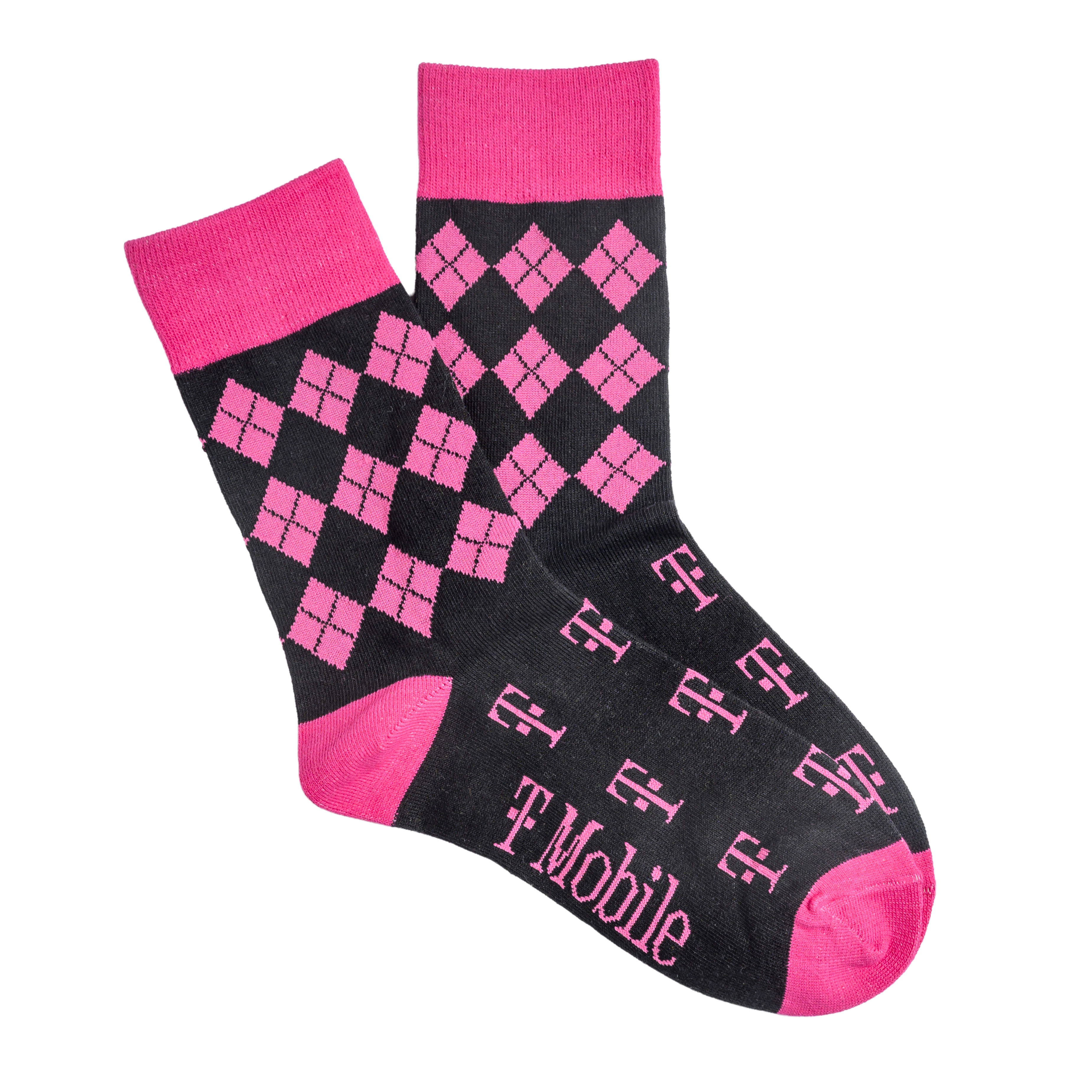 A pair of black and pink T-Mobile branded socks with an argyle pattern on a white background.