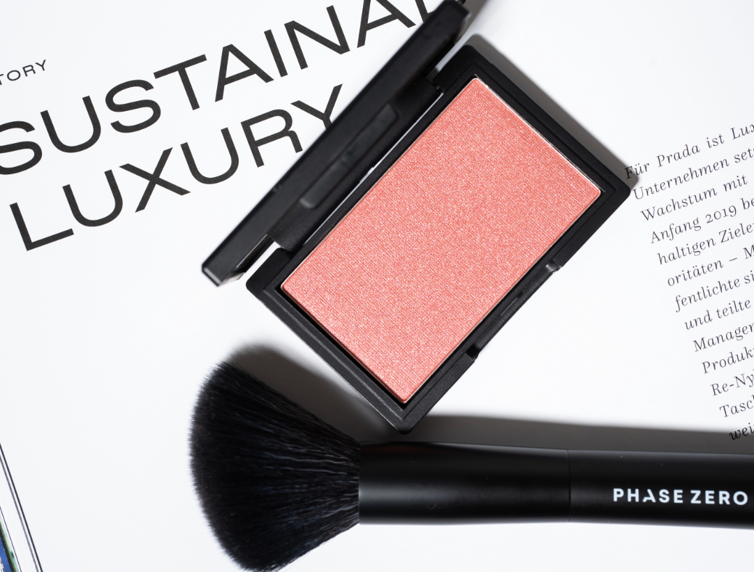 Pink blush and makeup brush on text background.