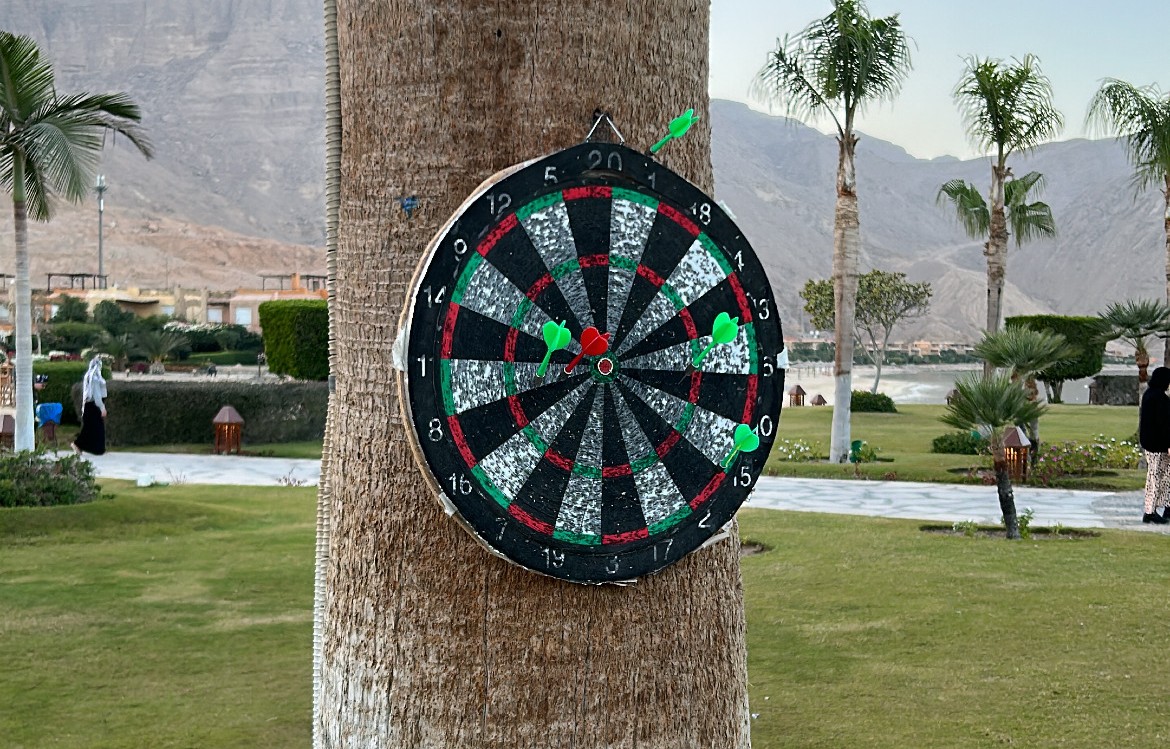 Dartboard on a tree trunk with darts, set in a park.