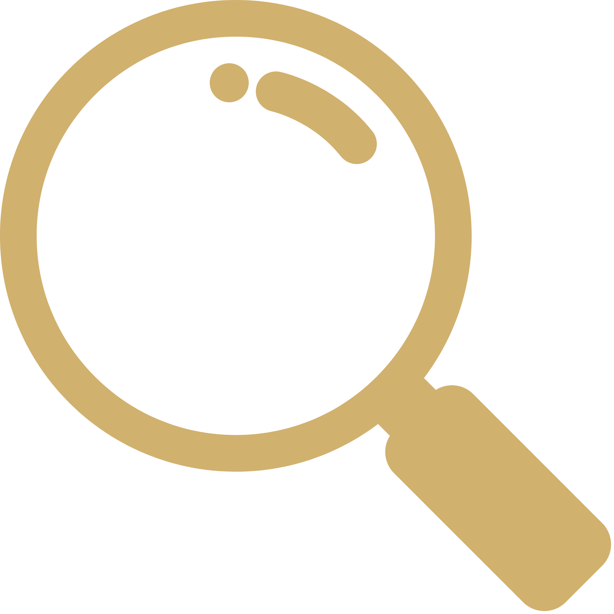 A simple, light brown stylized icon of a magnifying glass on a white background.