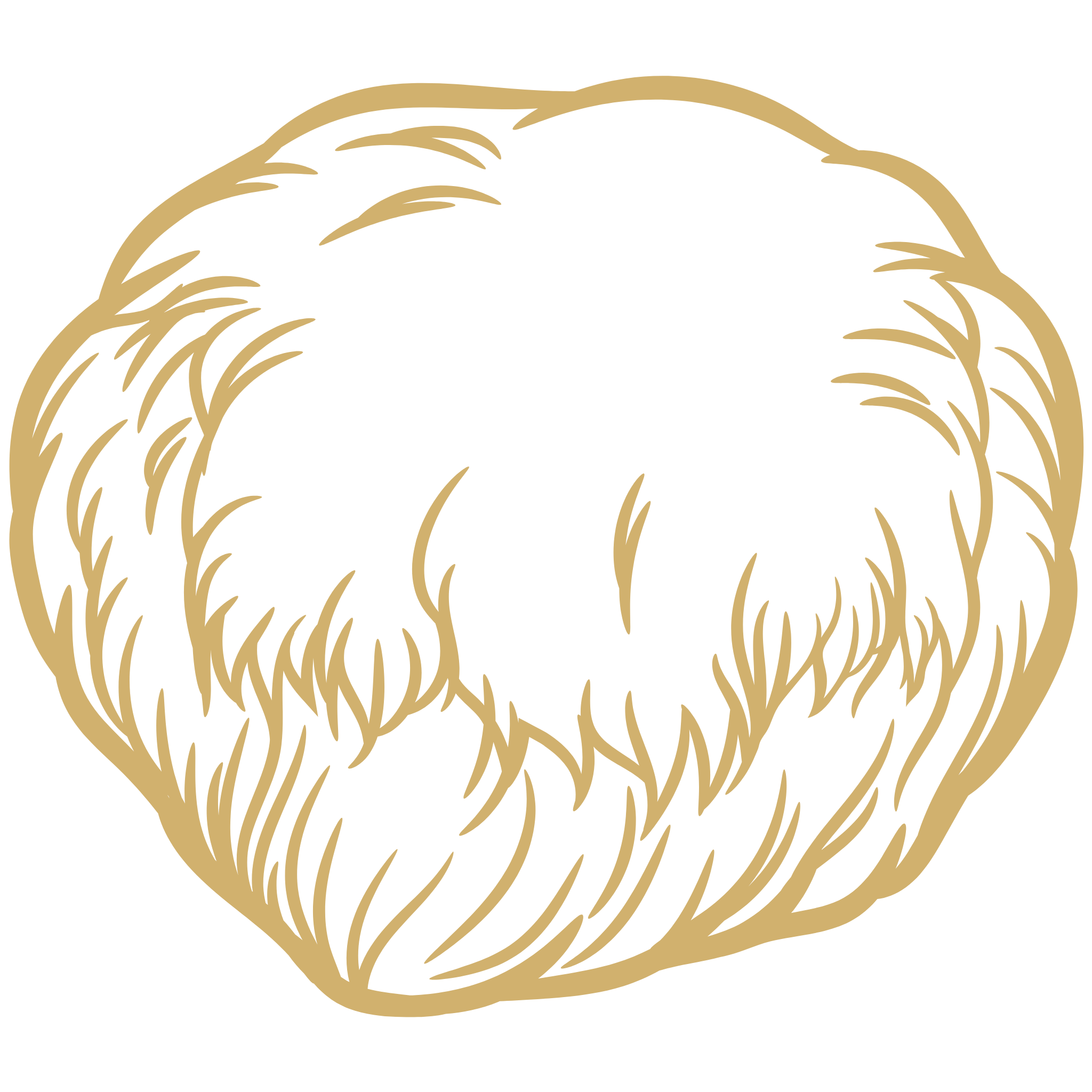 A simple gold line drawing of a round, furry object against a white background.