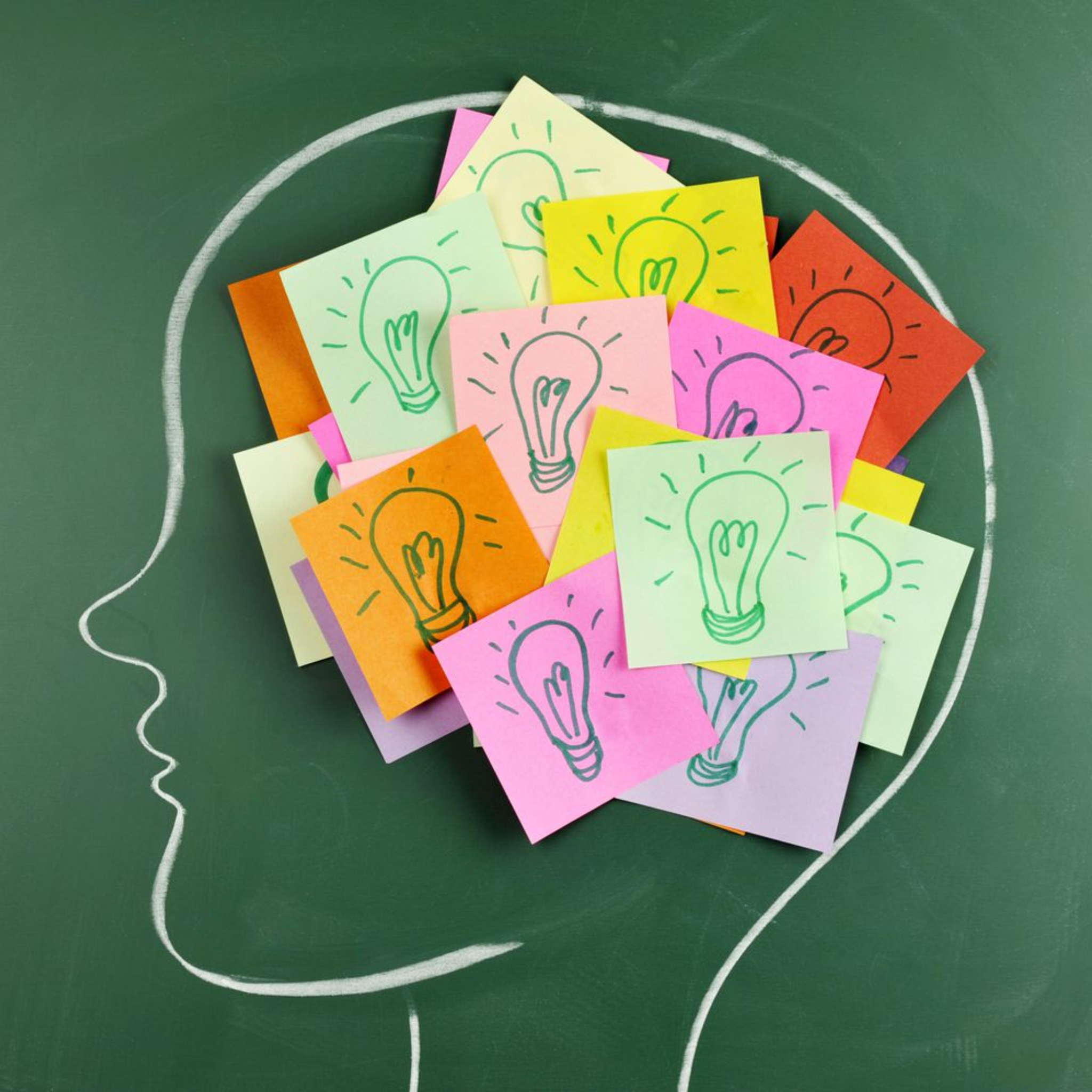 A chalk outline of a head on a green chalkboard, filled with colorful sticky notes of lightbulbs.