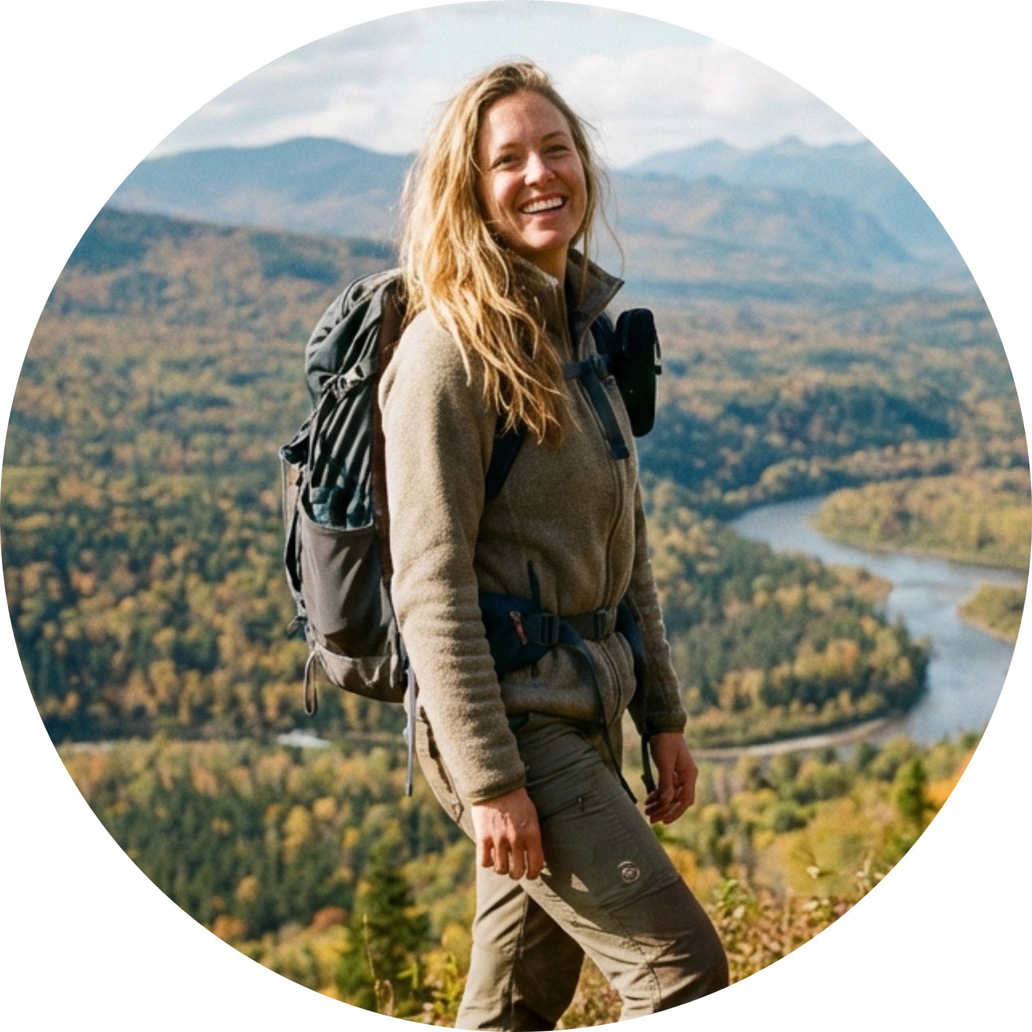 A smiling woman with a backpack on a mountain trail overlooking a river valley in autumn.