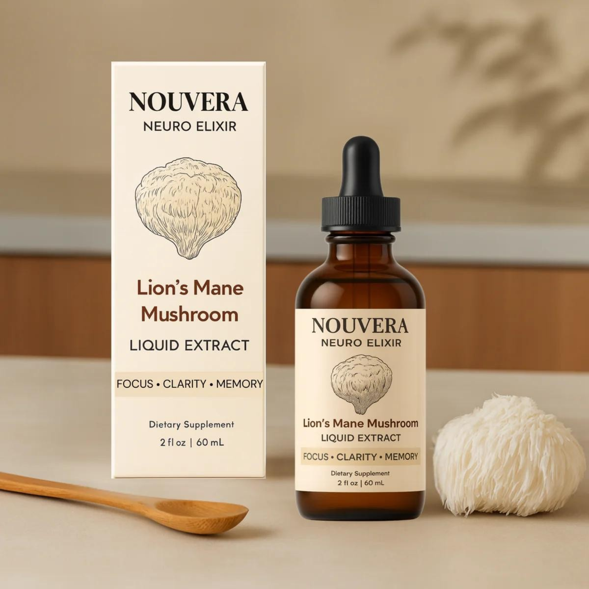 A bottle and box of Nouvera Lion's Mane Mushroom extract with a fresh mushroom and wooden spoon.