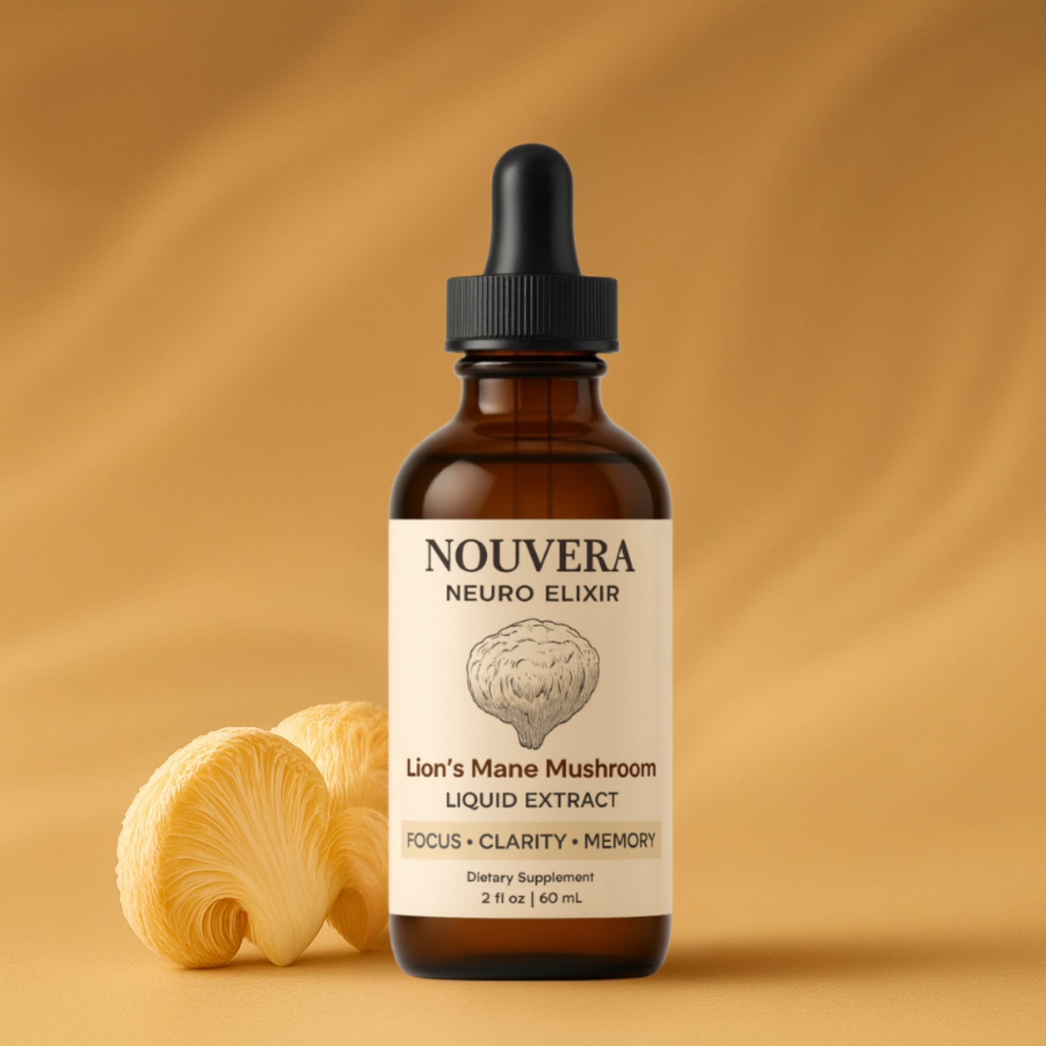 A bottle of Nouvera Neuro Elixir Lion's Mane Mushroom liquid extract next to two fresh Lion's Mane mushrooms.