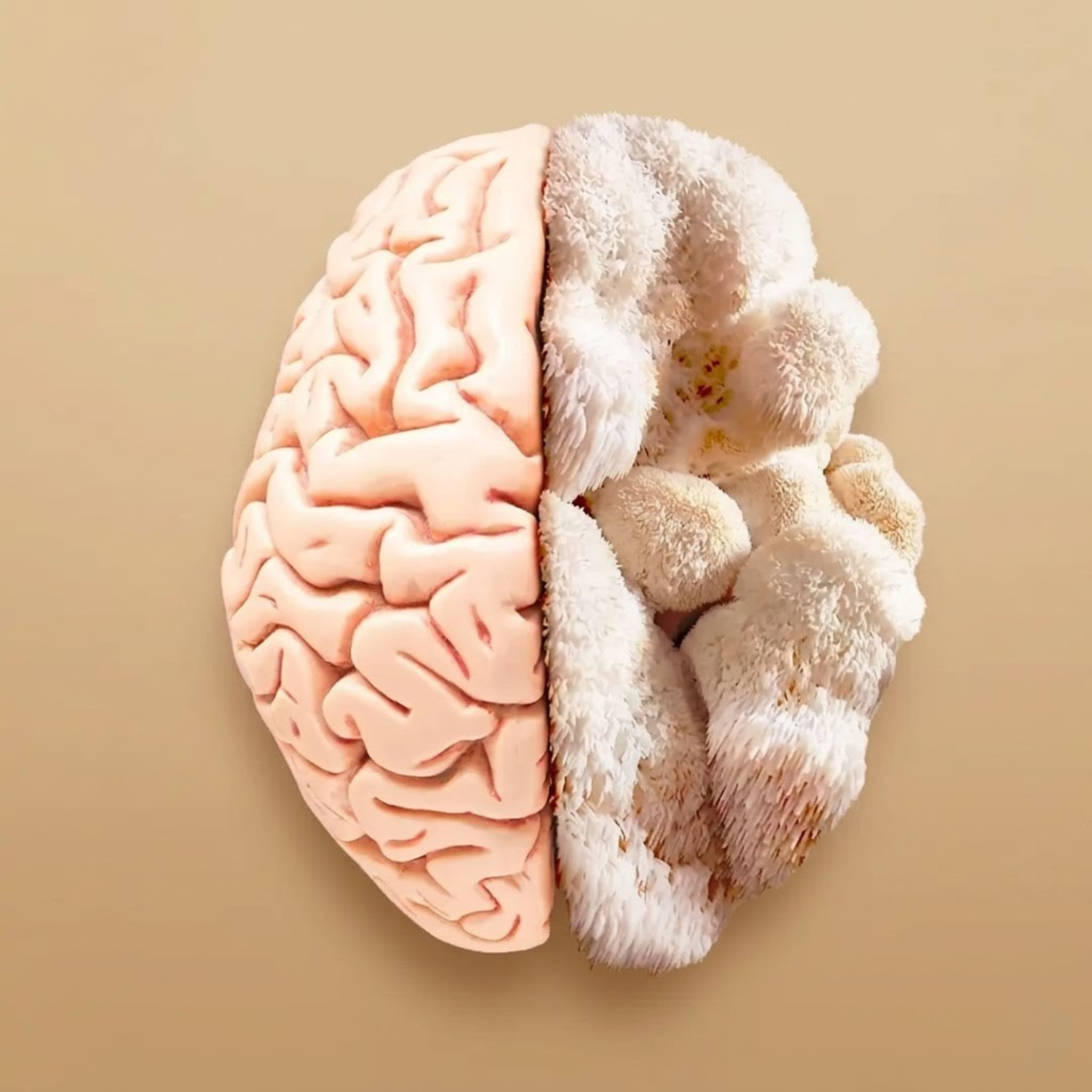A composite image showing half of a human brain and half of a white Lion's Mane mushroom.