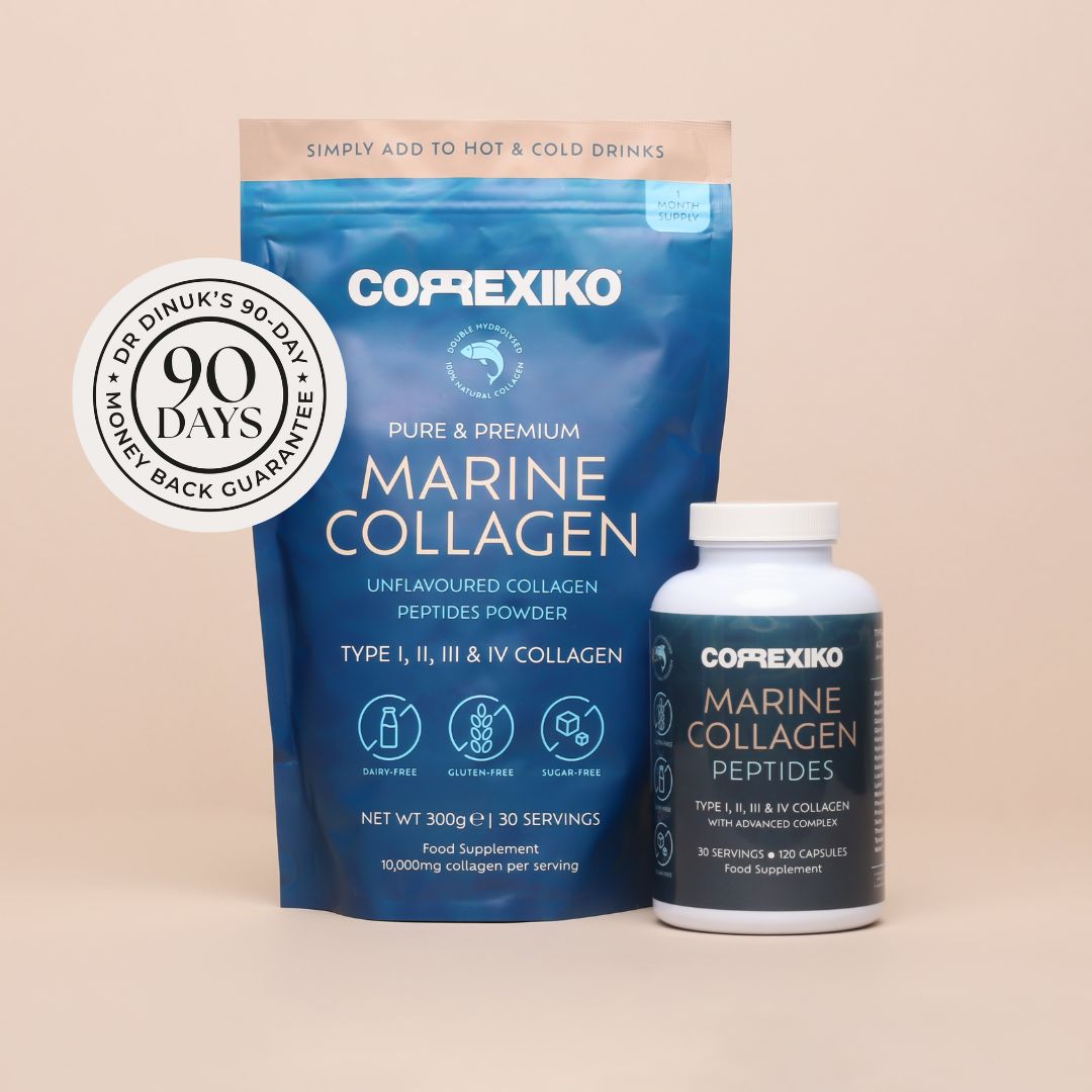 Corexiko Marine Collagen packaging with a 90-day money-back guarantee badge.