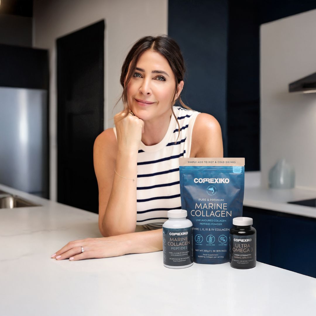 Person in a kitchen with Coprexiko collagen and omega supplements on the counter.