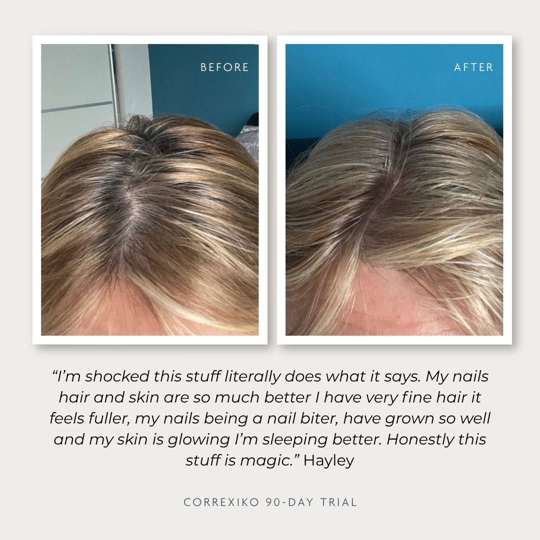 Before and after images of hair with testimonial text below.