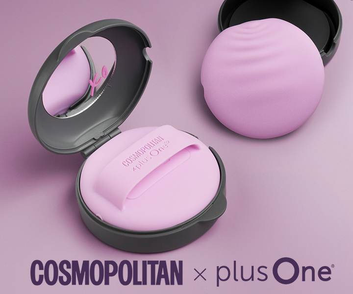 Two pink Cosmopolitan x plus One products in grey compacts against a purple background.