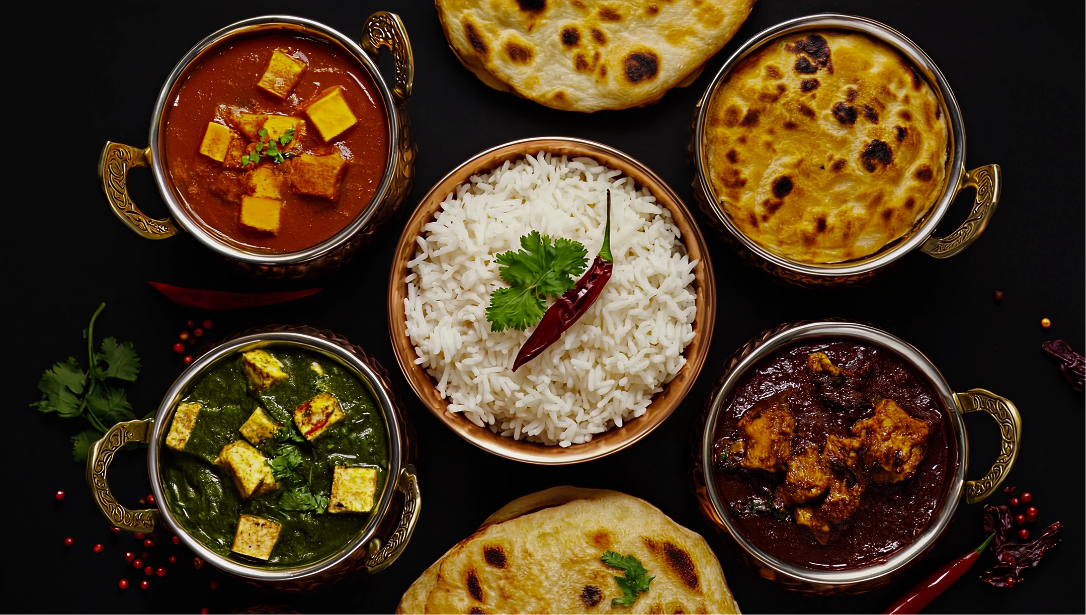 Assorted Indian dishes with rice and naan on a dark background.