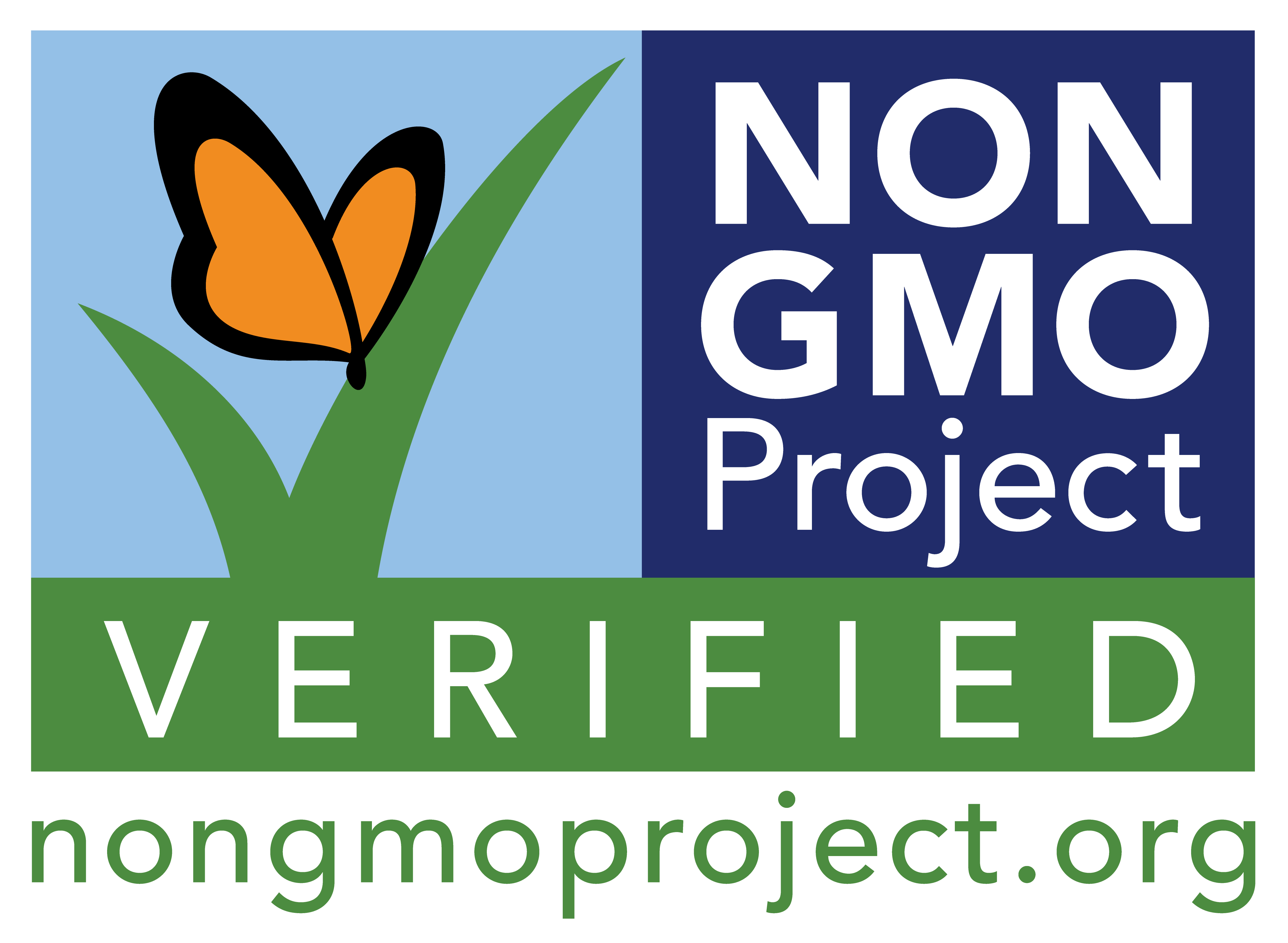 Non-GMO Project Verified logo with an orange butterfly.