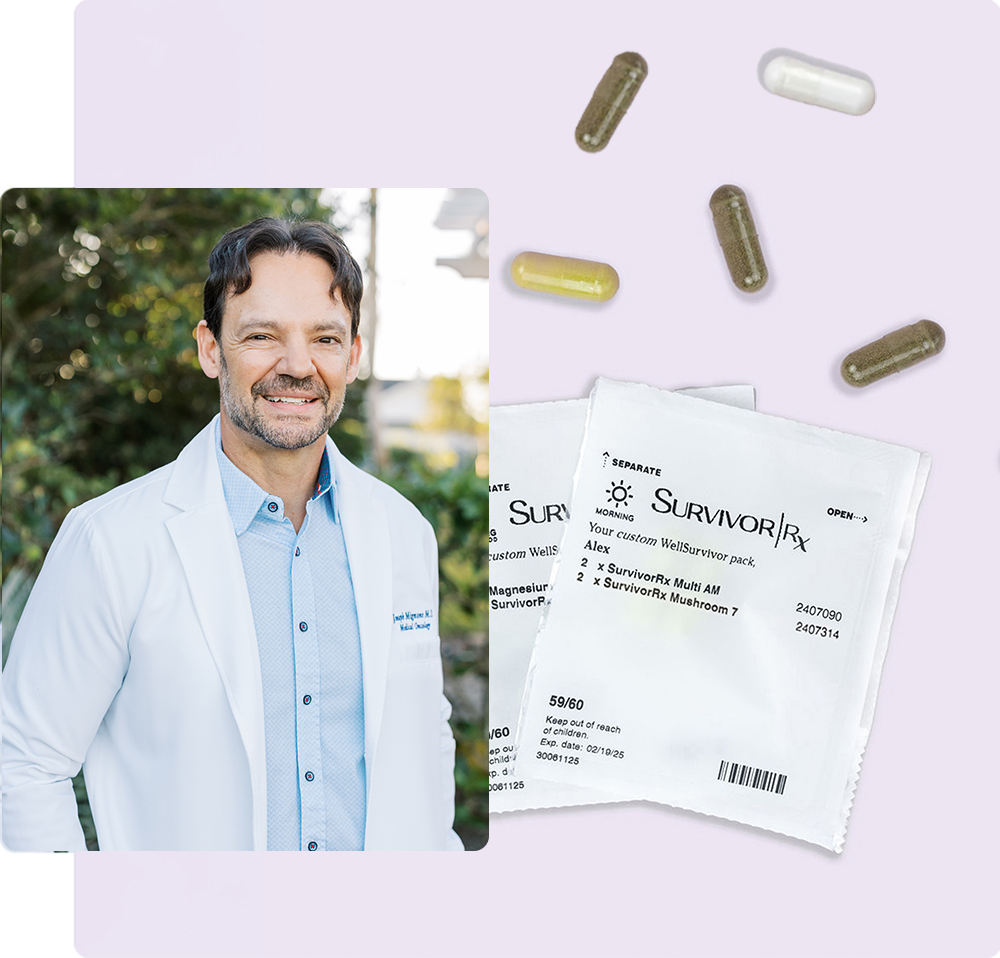 Man in a white coat next to supplement packets and capsules.