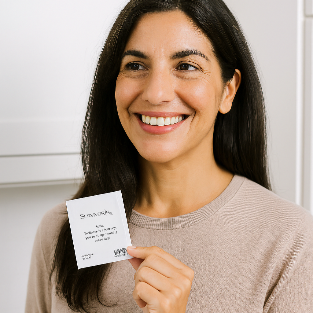 Smiling person holding a small card with text, indoors.