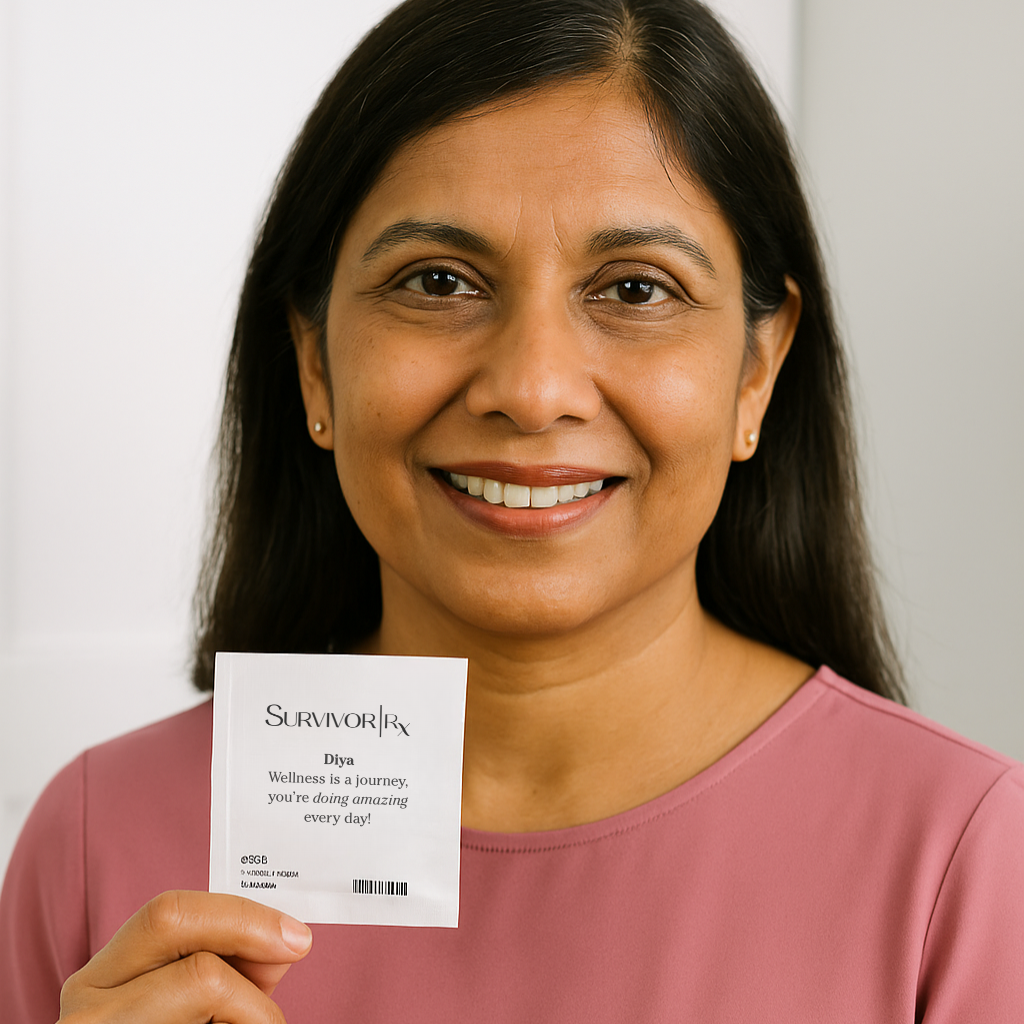 Person smiling, holding a card that reads 'Survivor RX' with motivational message.
