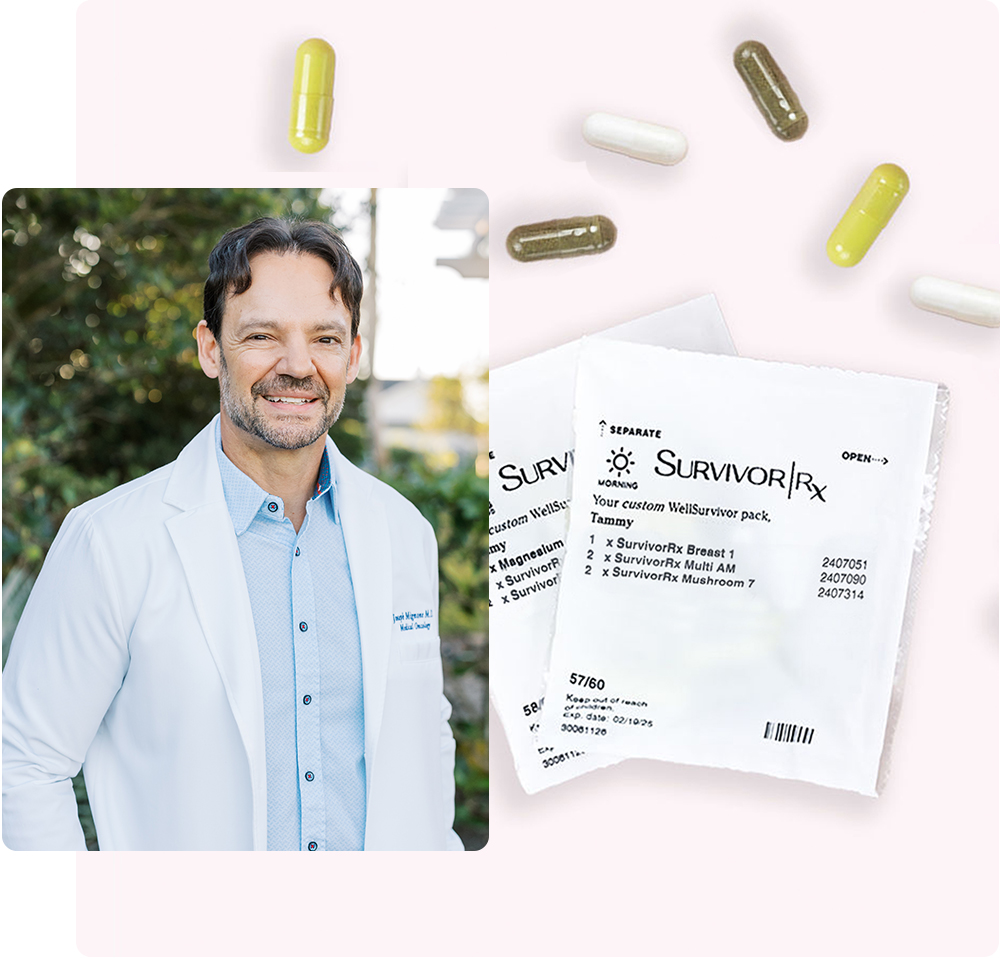 Man in white coat smiling, with pills and supplement packets nearby.