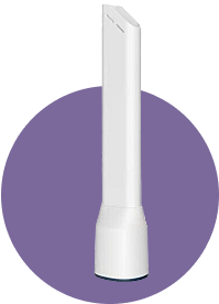 White, modern tower fan on a purple circular background.