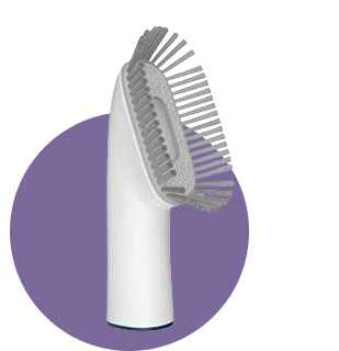 White handheld brush with bristles on a purple background.
