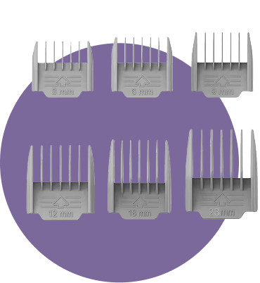 Six gray hair clipper guards on a purple background.