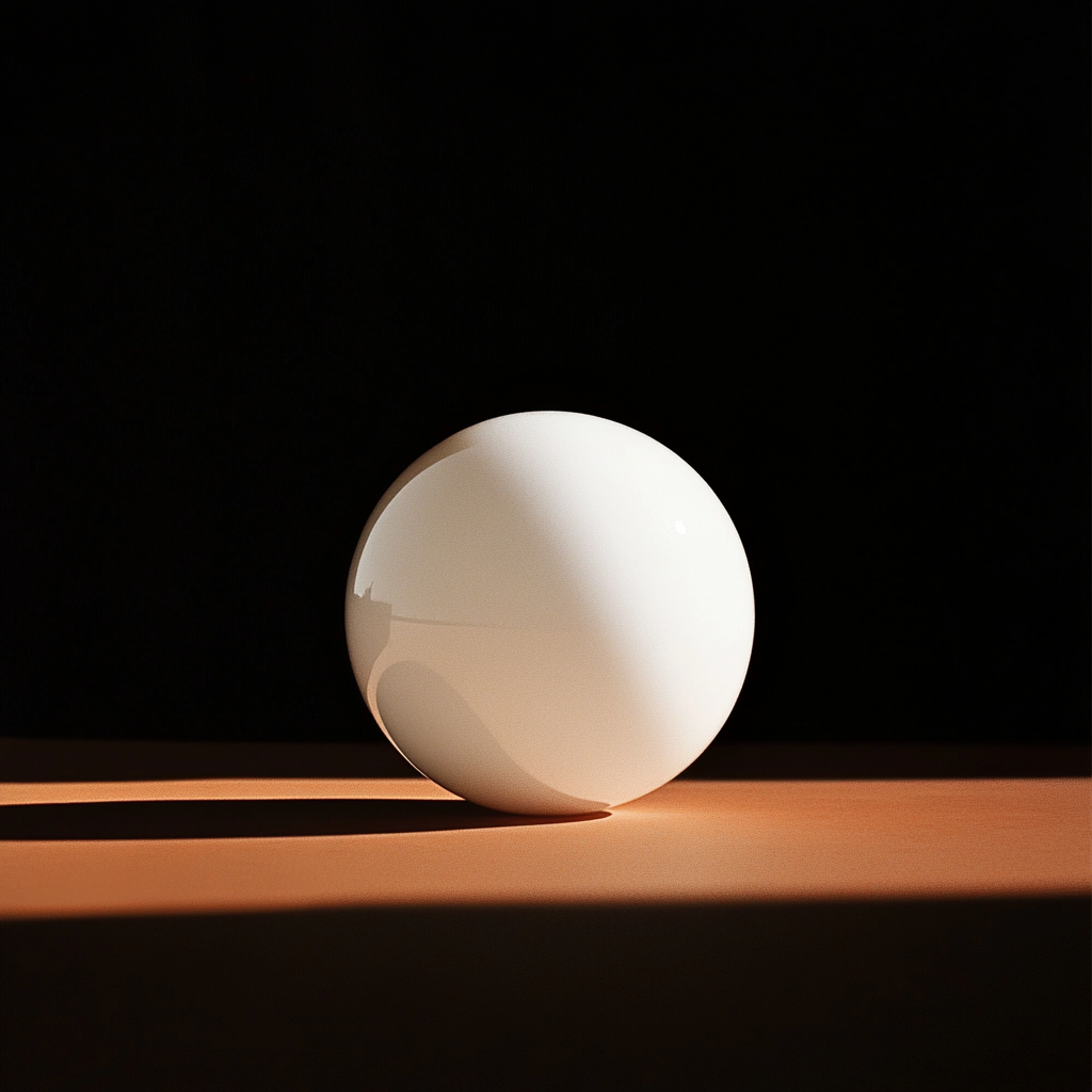 A white sphere on a brown surface with a dark background.