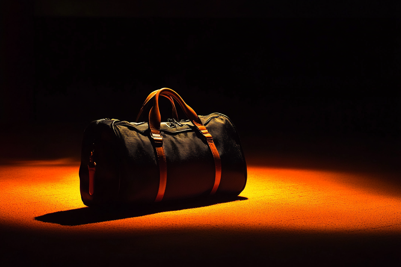 A duffel bag with leather straps on an orange-lit surface.