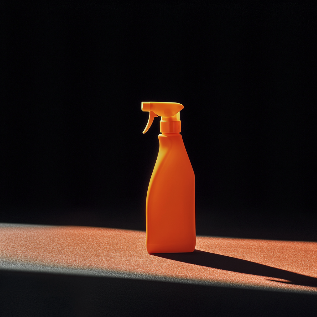 Orange spray bottle on a dark background with dramatic lighting.