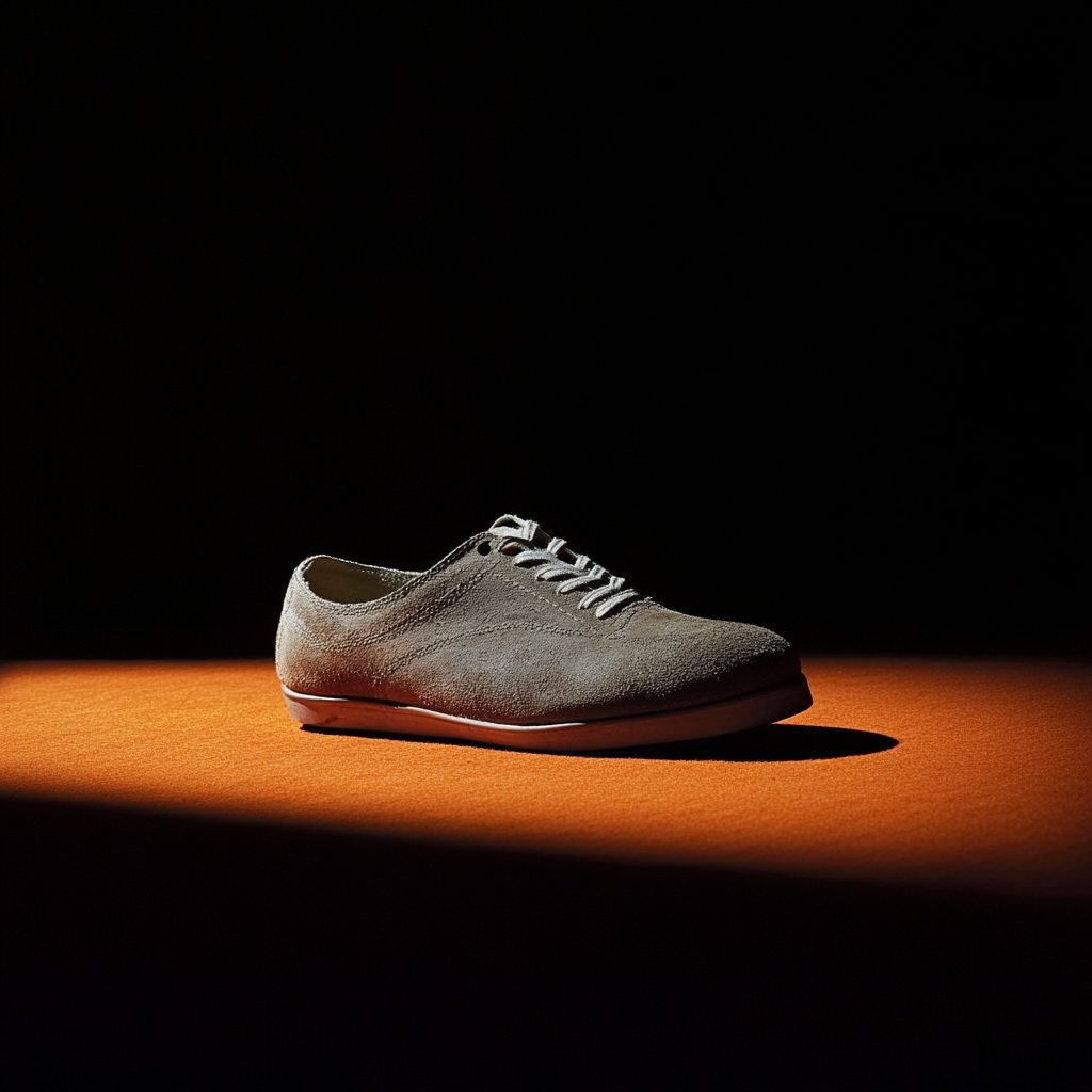 A single brown suede shoe on an orange surface, spotlighted against a dark background.