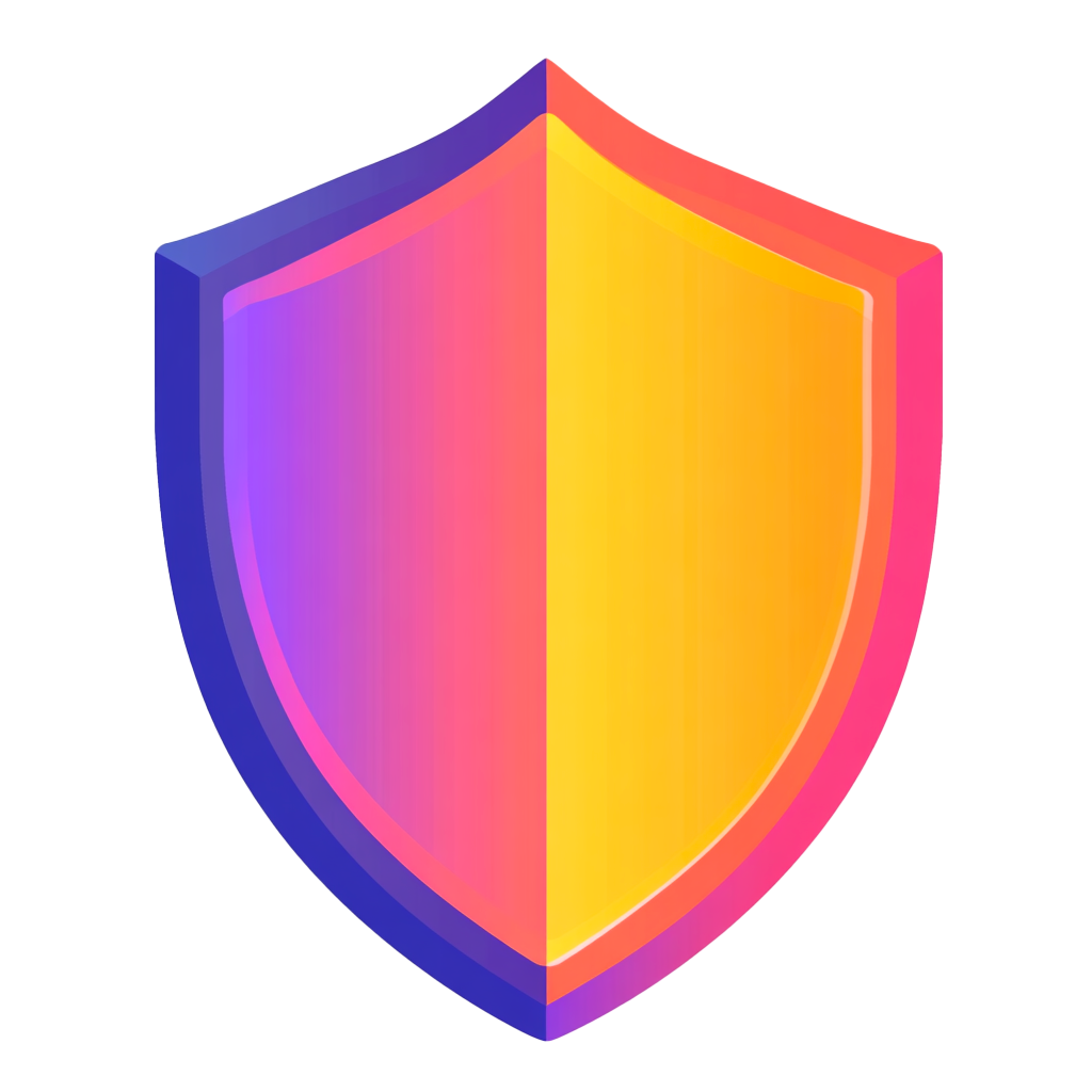 A colorful gradient shield icon with purple, pink, and yellow hues.