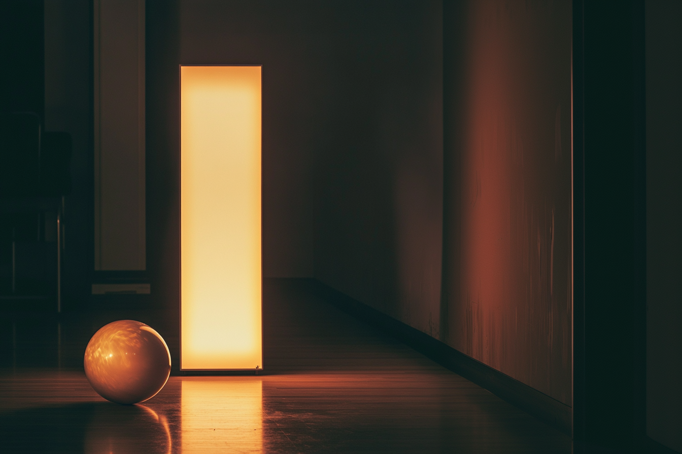 A glowing rectangular lamp and a reflective sphere in a dimly lit room.