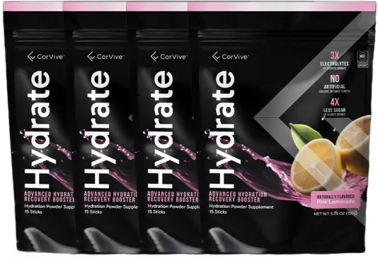 Four black packets of CorVive Hydrate with lemons and pink liquid splash.
