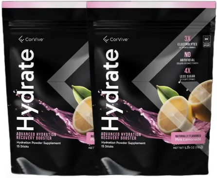 Two black packets of hydration powder with lemons and pink liquid splash.