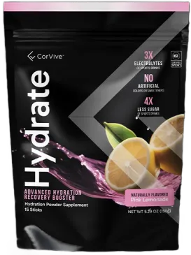 Black packaging of CorVive Hydrate powder with lemons and pink liquid splash.