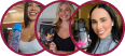 Three women holding different beverage bottles, smiling at the camera.