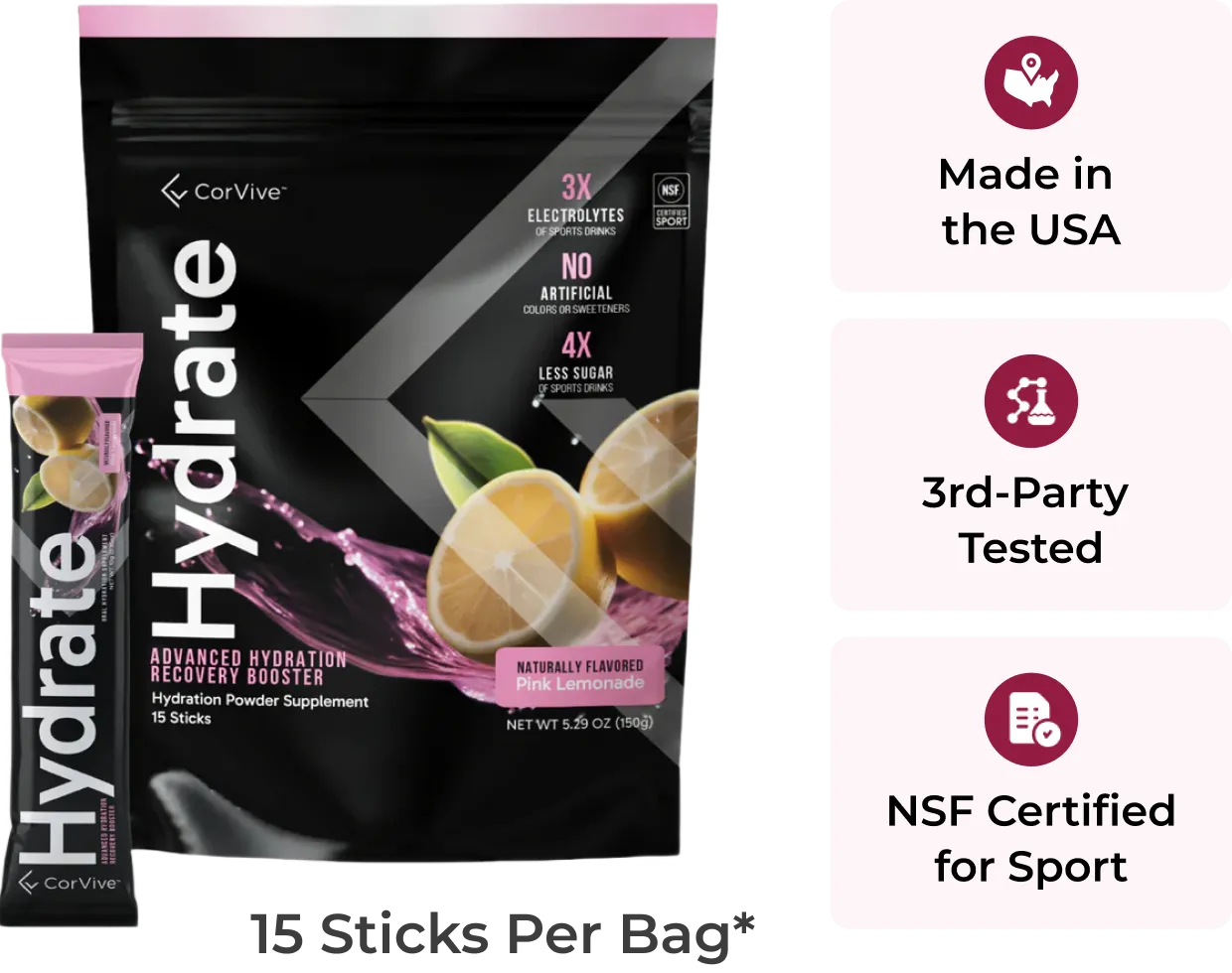 Hydration powder packaging with lemons, product benefits, and certifications displayed.