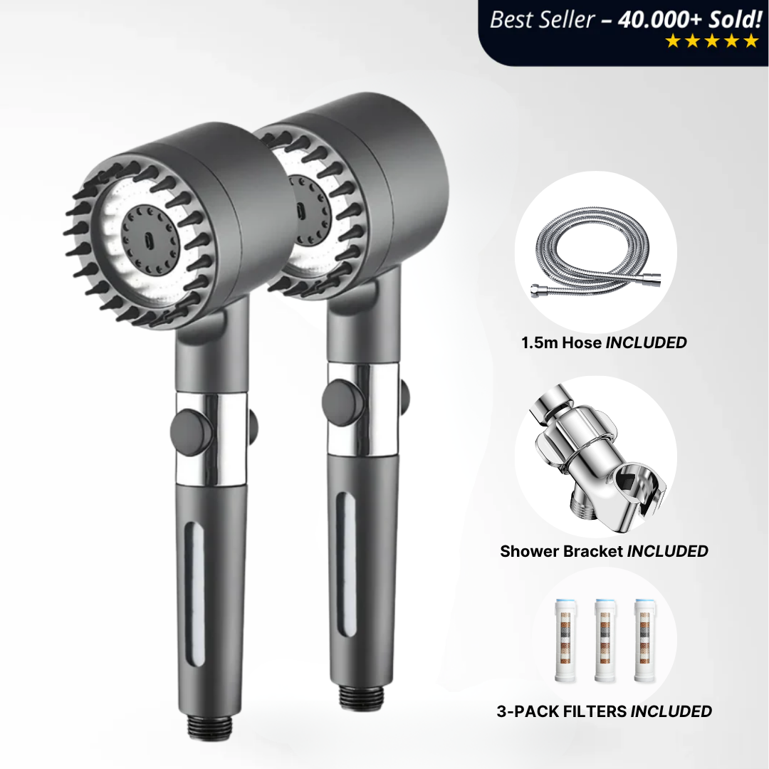 Two black shower heads, hose, bracket, and filters with text 'Best Seller' and 'Included' annotations.