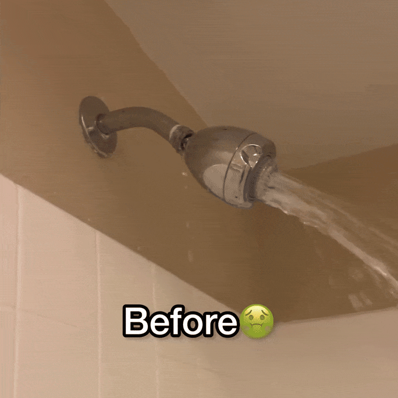 Showerhead with text 'Before' and a displeased face emoji.