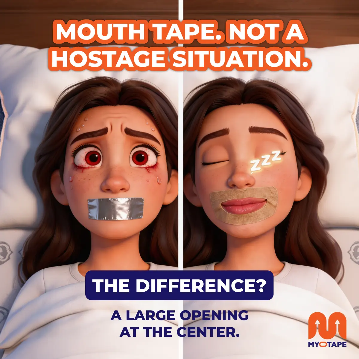 An advertisement comparing a distressed cartoon woman with duct tape on her mouth to a sleeping one with specialized mouth tape.