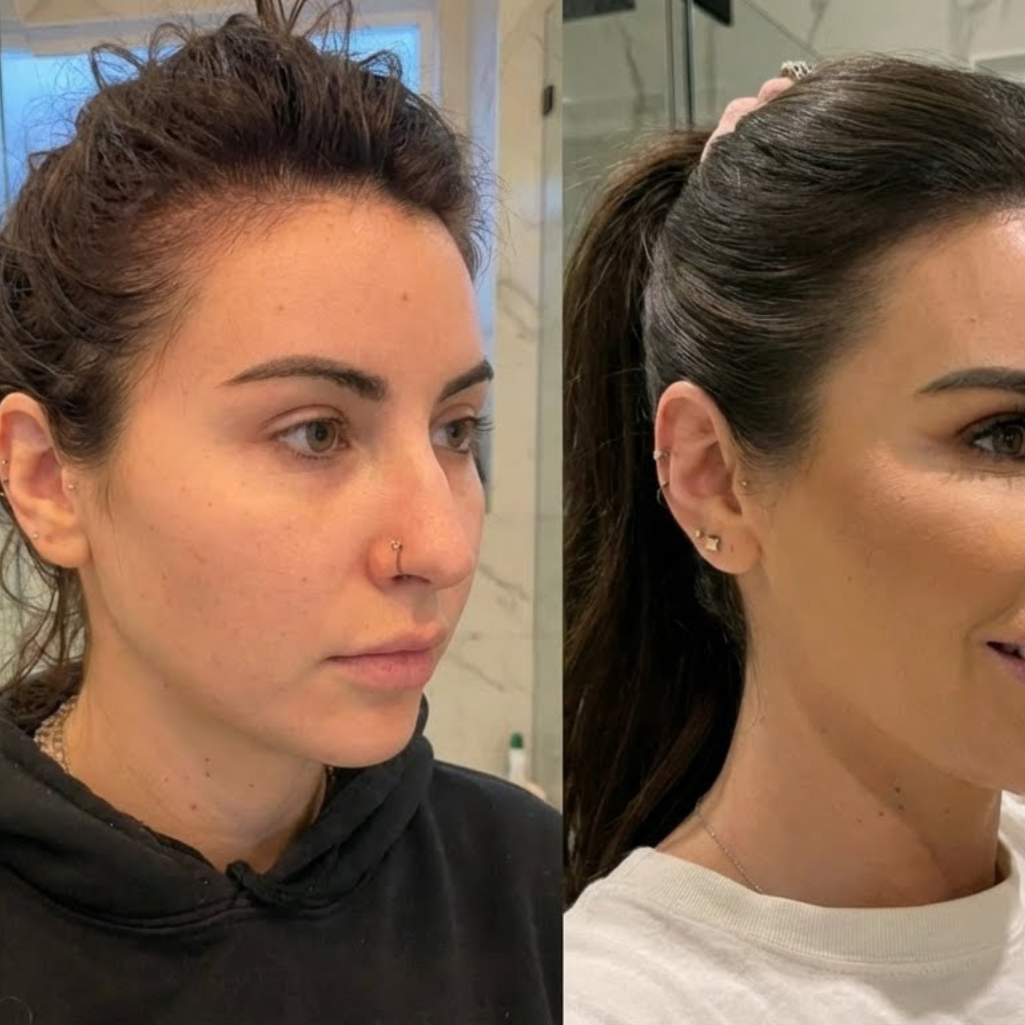 Side-by-side images of a woman before and after a makeover.