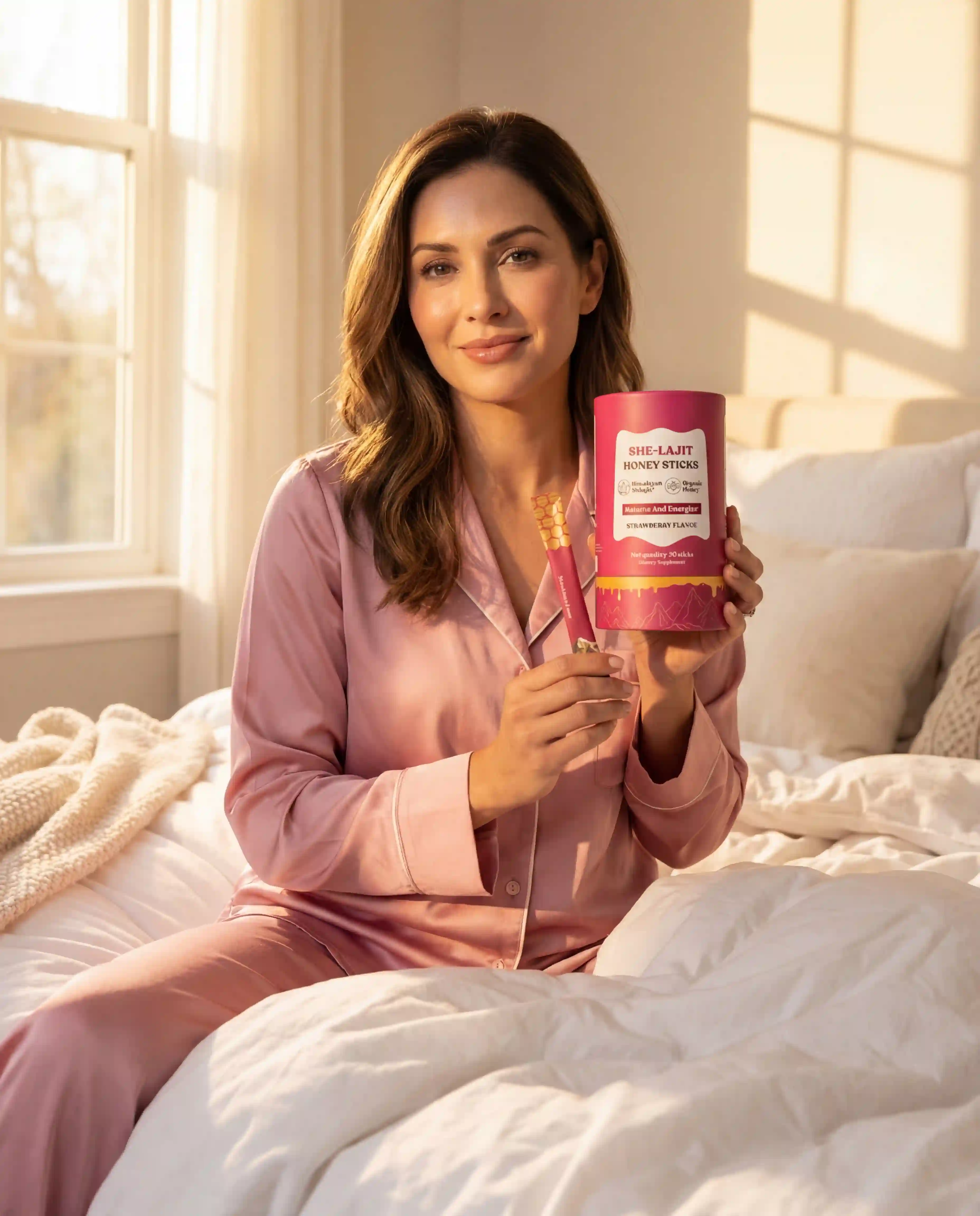 Person in pink pajamas holding a container and a stick on a bed.