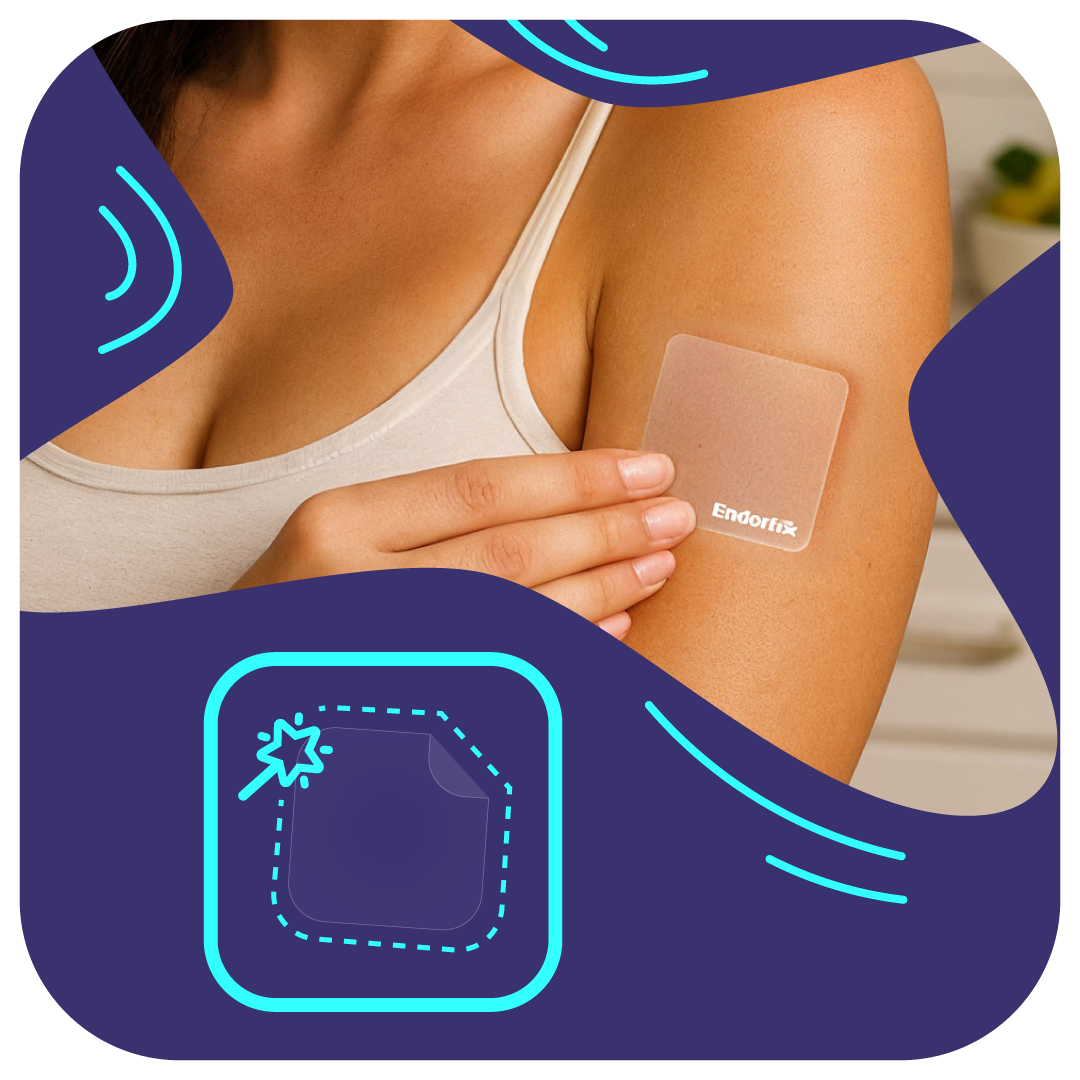 Person applying a transparent patch labeled 'Endorfin' on their upper arm.