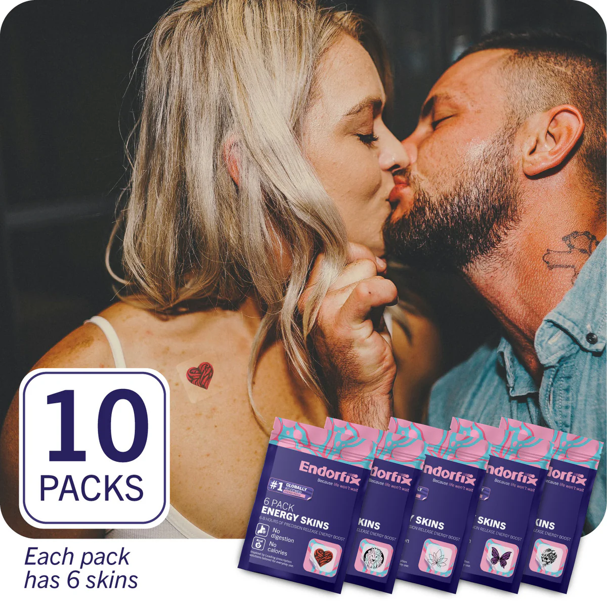 A couple kissing with Endorfix energy skin packs displayed.