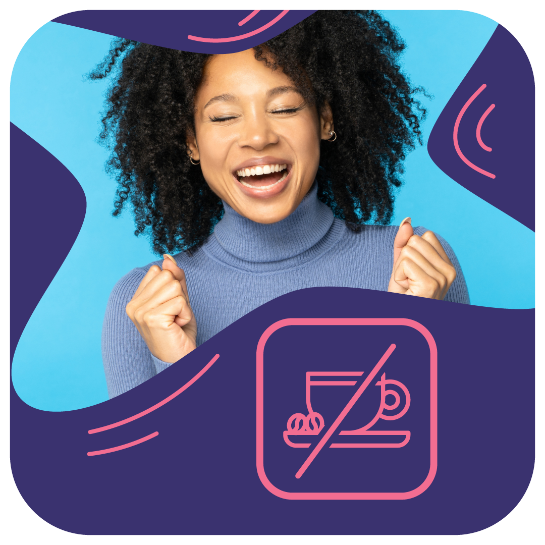 Smiling person with curly hair, blue background, and a no coffee icon.