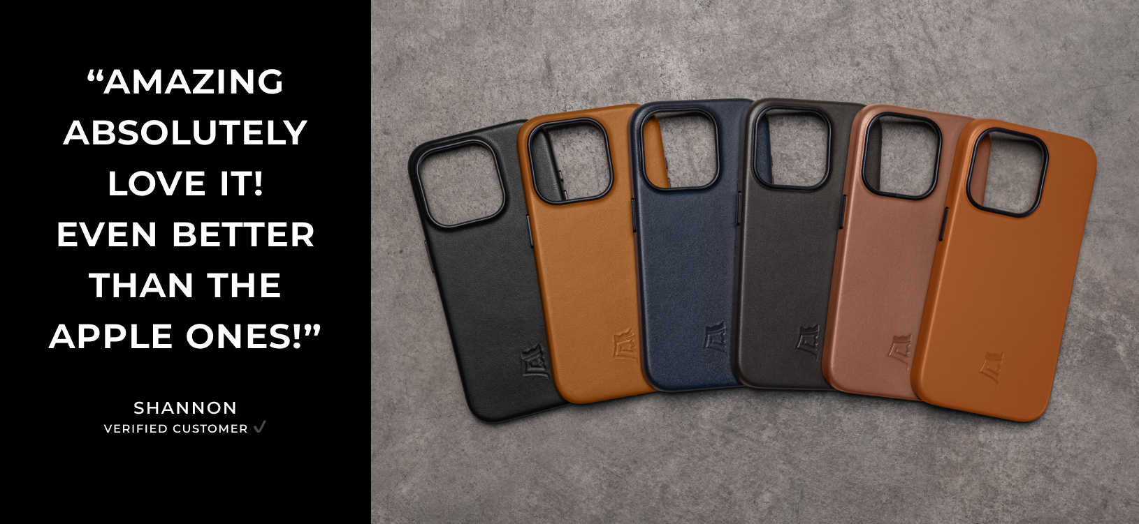 Brown phone case with a positive customer review.