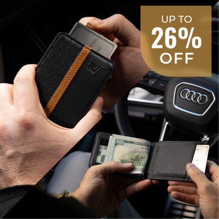 A collage showing a person holding two different styles of black wallets inside a car.