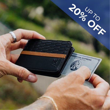 A person's hands placing a credit card into a black and tan wallet with a '20% Off' banner.