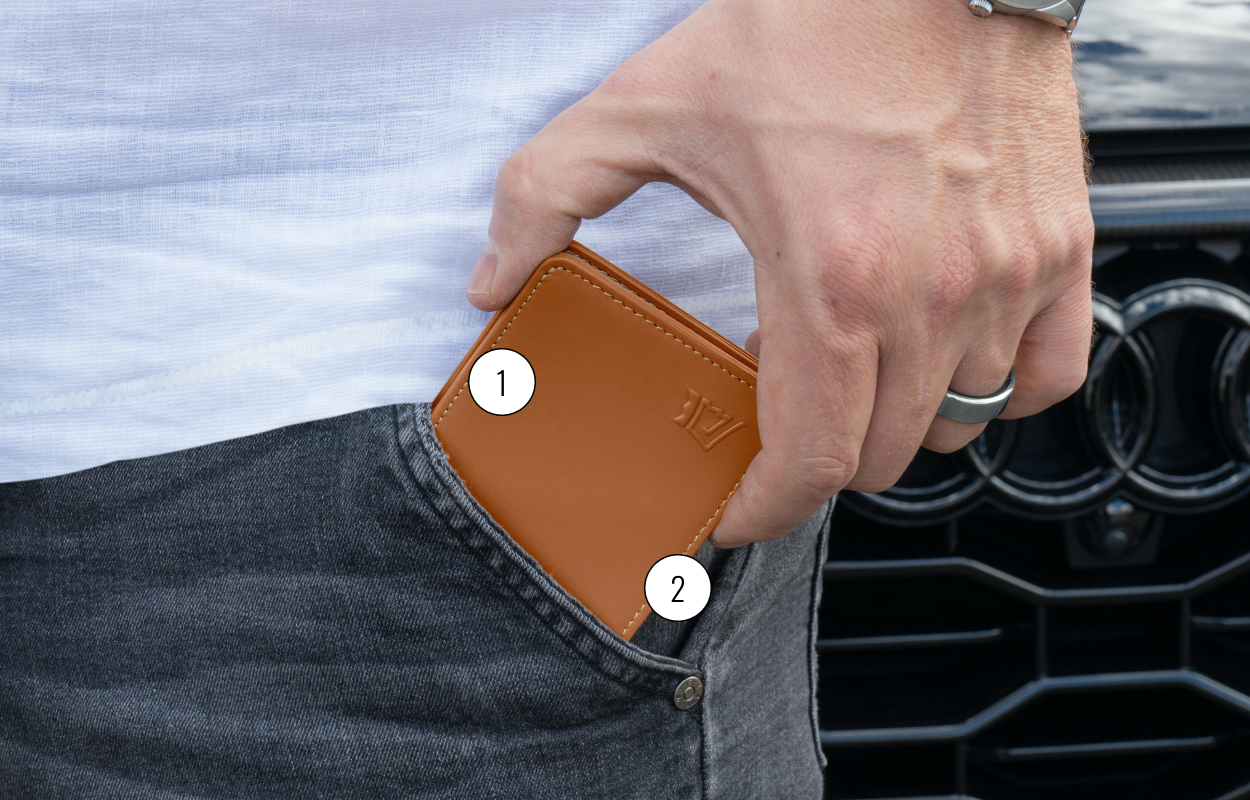 Person placing a brown wallet into a jeans pocket.