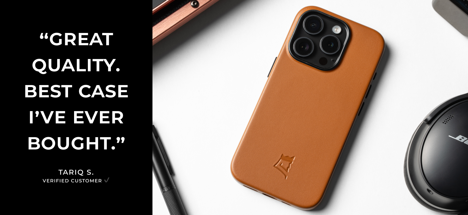 Brown phone case with a positive customer review.