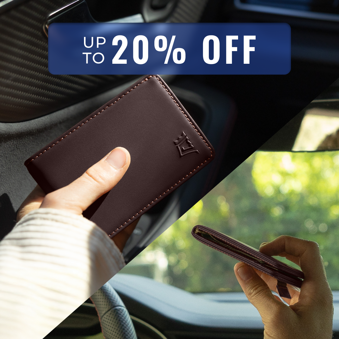 A person holding a brown leather wallet in a car, with a promotional banner reading 'Up to 20% Off'.